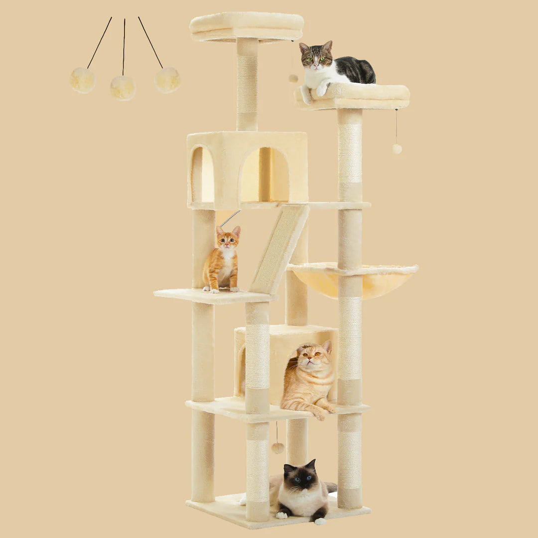 Pawz Road 70.9" Large Cat Tree for Indoor Cats, Tall Cat Tree for Large Cats, Multi-Level Plush Cat Tower with 6 Scratching Posts, 2 Cat Condos, 2 Perches, Hammock, Pompoms, Cream
