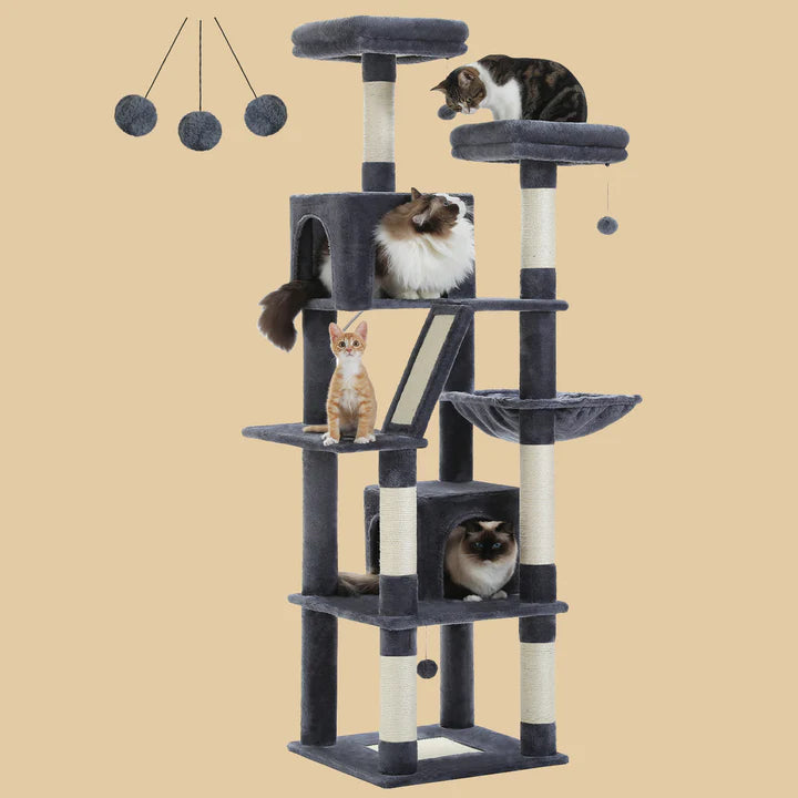 Pawz Road Large Cat Tree for Indoor Cats [70.9"=180cm], Tall Cat Tower for Large Cats, Multi-Level Plush Arbre à Chat with 6 Scratching Posts, 2 Condos, 2 Perches, Hammock, Pompoms, Dark