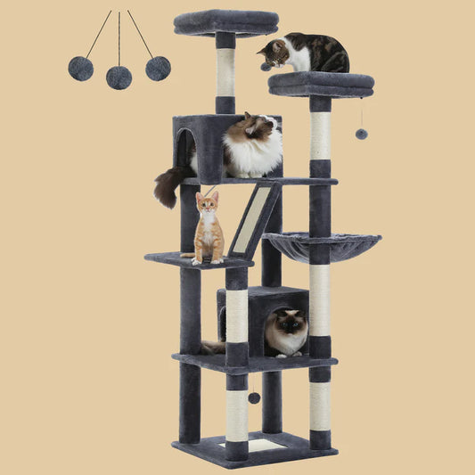Pawz Road Large Cat Tree for Indoor Cats [70.9"=180cm], Tall Cat Tower for Large Cats, Multi-Level Plush Arbre à Chat with 6 Scratching Posts, 2 Condos, 2 Perches, Hammock, Pompoms, Dark
