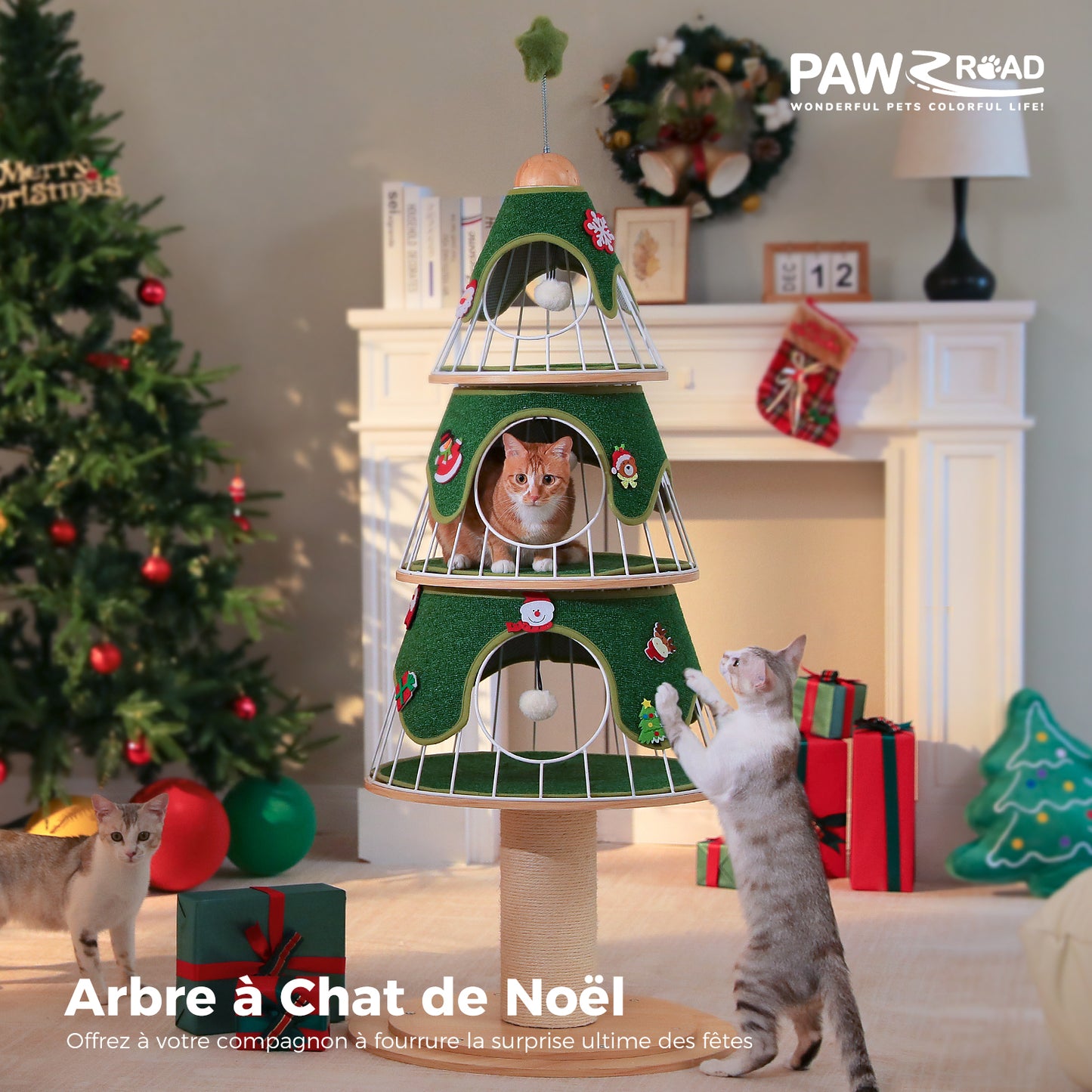 Cat tree with festive decorations in a Christmas-themed room