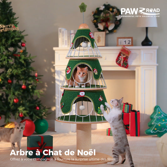 Cat tree with festive decorations in a Christmas-themed room