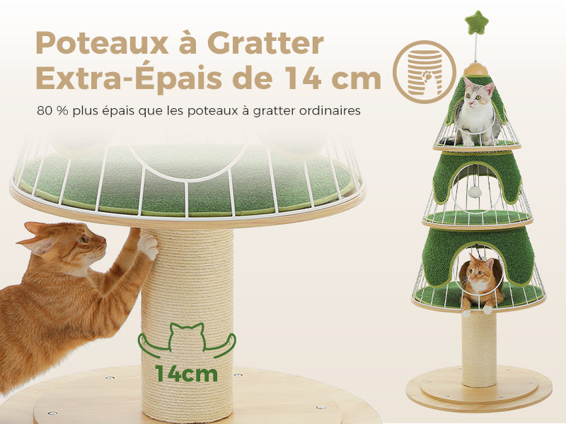Cat scratching posts with green and beige designs, featuring text in French about thickness and additional features.