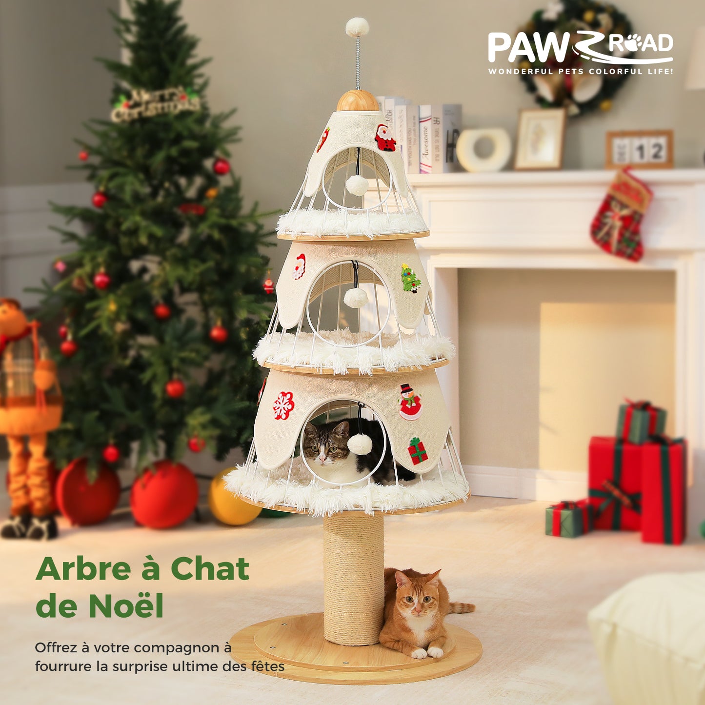 Cat tree with cats in a festive room decorated for Christmas, featuring the brand 'PAWROAD'.