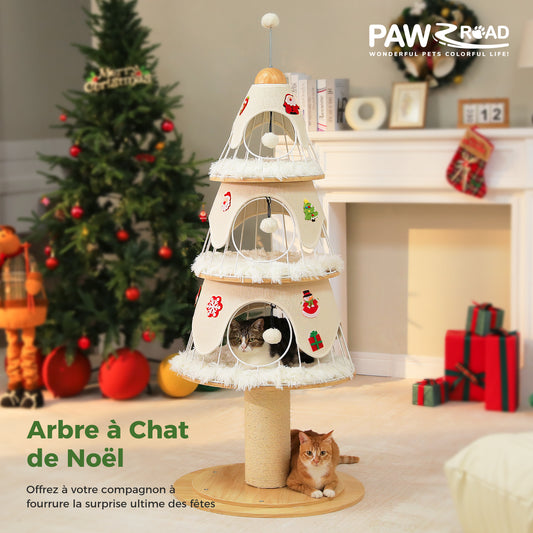 Cat tree with cats in a festive room decorated for Christmas, featuring the brand 'PAWROAD'.