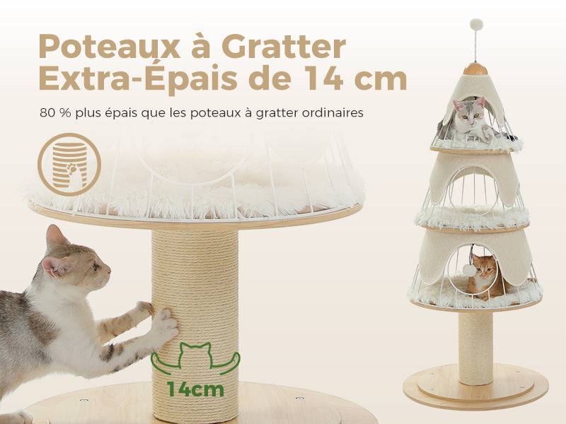 Cat scratching post with additional levels and a cat on a beige background