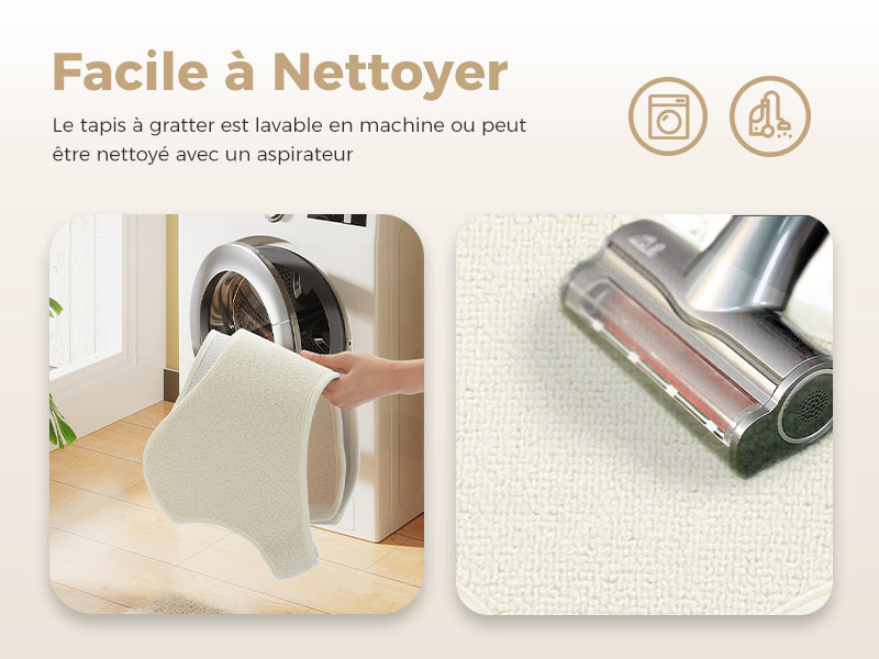 Cleaning instructions for a grating mat with washing machine and vacuum cleaner icons.