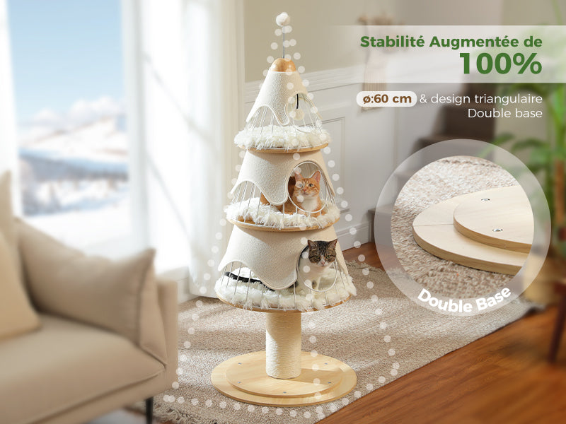 Cat tree with a cat on top in a living room setting, featuring text about stability and design.