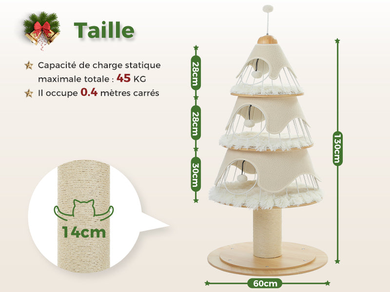 Cat tree with dimensions and capacity details on a white background