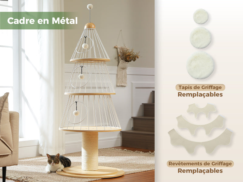 Cat climbing frame with metal frame and replaceable scratching pads in a room setting.