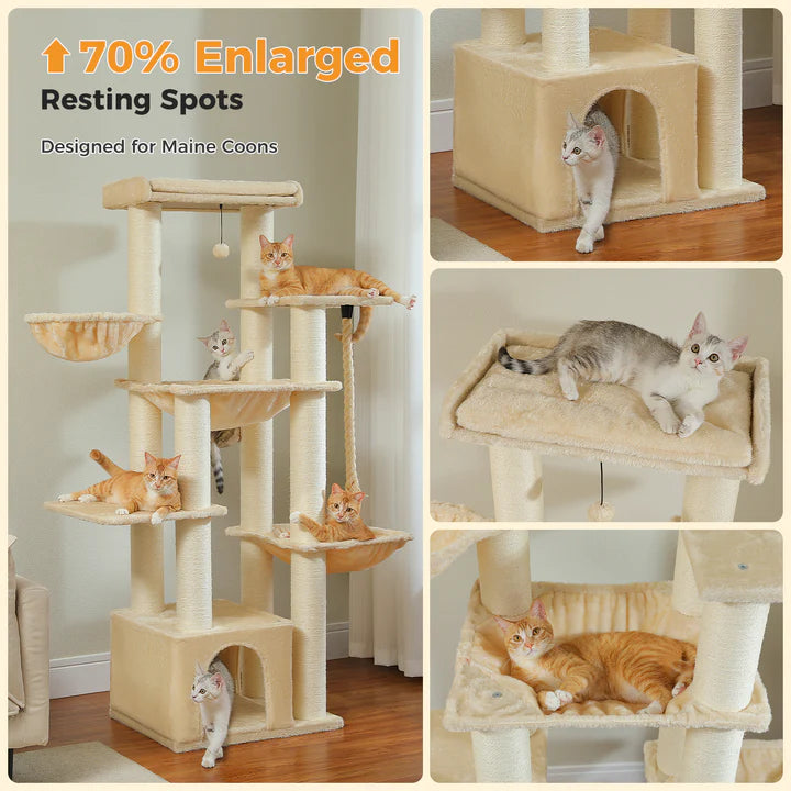 Cat tree with multiple cats on different levels, designed for Maine Coons, with text indicating enlarged resting spots.