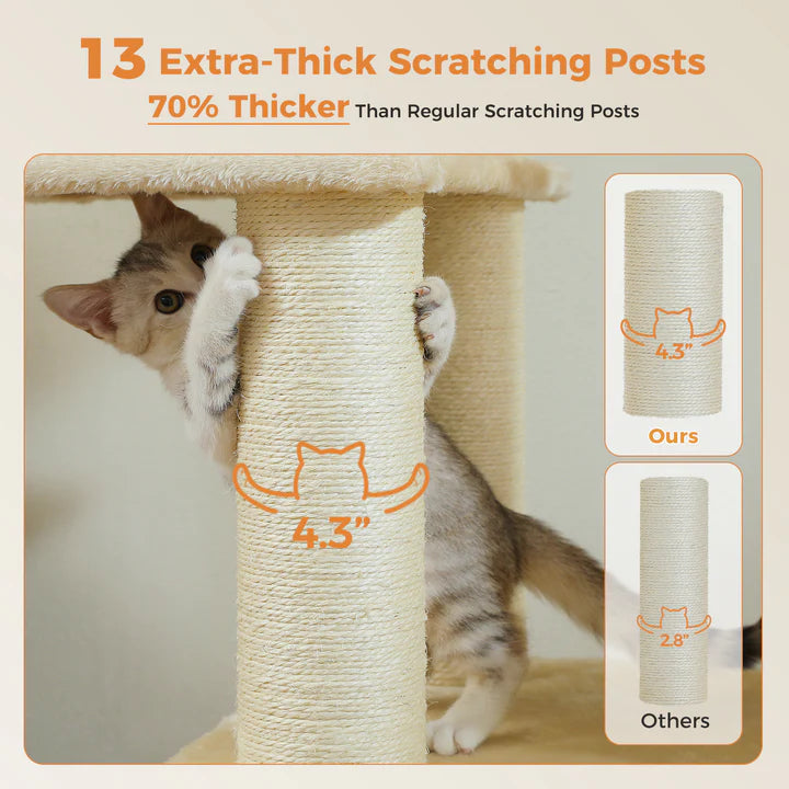 Cat using a scratching post with text highlighting its thickness compared to regular scratching posts.