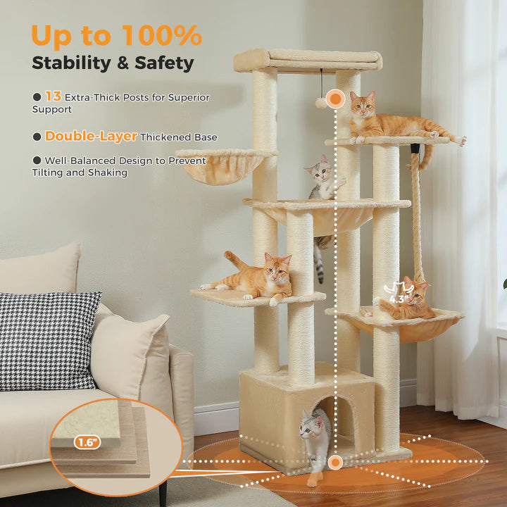 Cat tree with multiple levels and platforms in a living room setting, featuring text on stability and safety.