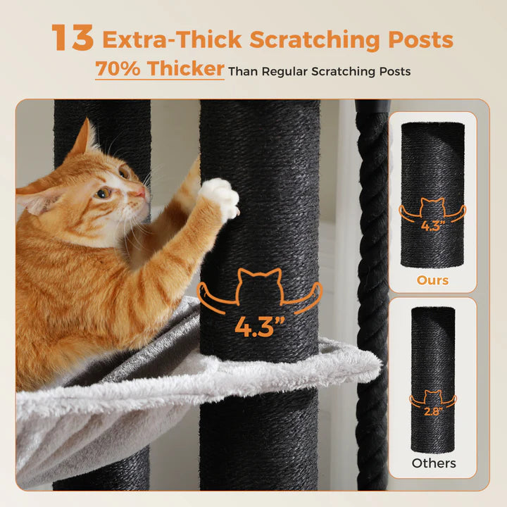 Cat using a scratching post with text highlighting extra-thick design and comparison to other products.
