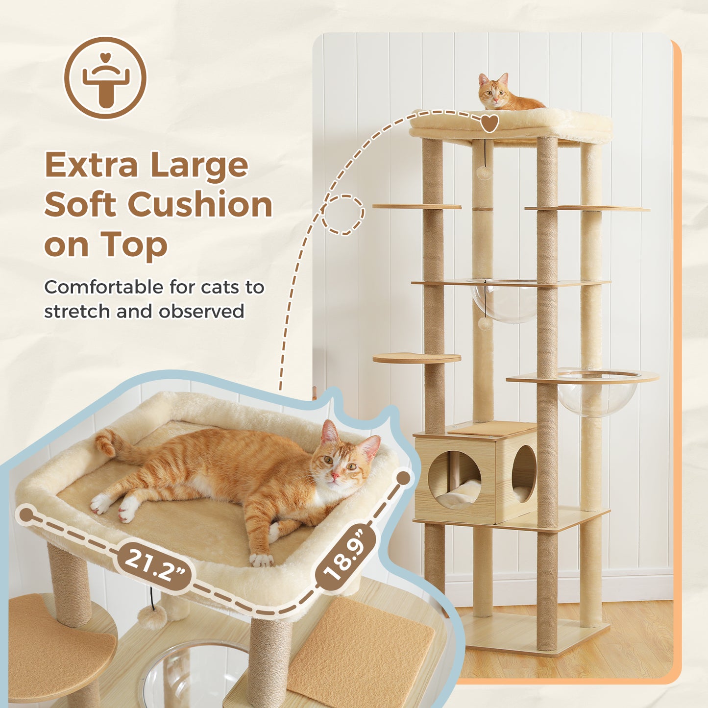 Modern 180cm Multi-Level Wooden Cat Tree with Acrylic Lounges & Extra-Large Top Cushion
