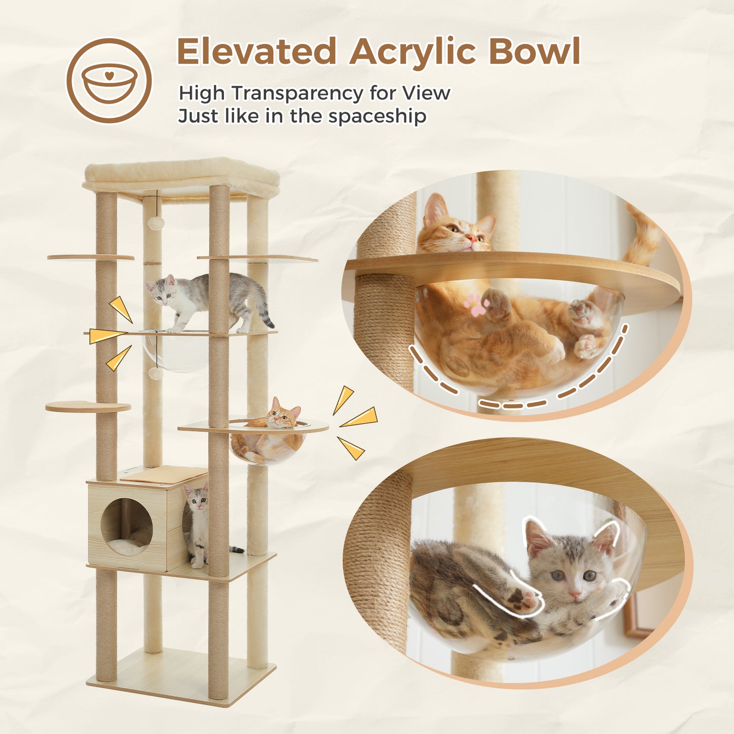 Modern 180cm Multi-Level Wooden Cat Tree with Acrylic Lounges & Extra-Large Top Cushion