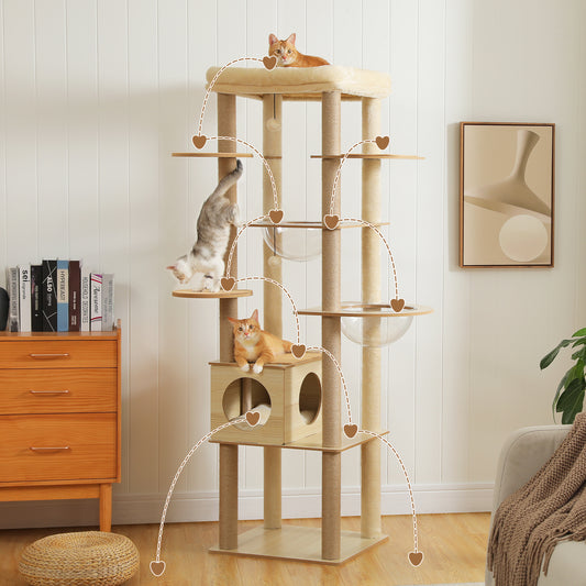 Modern 180cm Multi-Level Wooden Cat Tree with Acrylic Lounges & Extra-Large Top Cushion