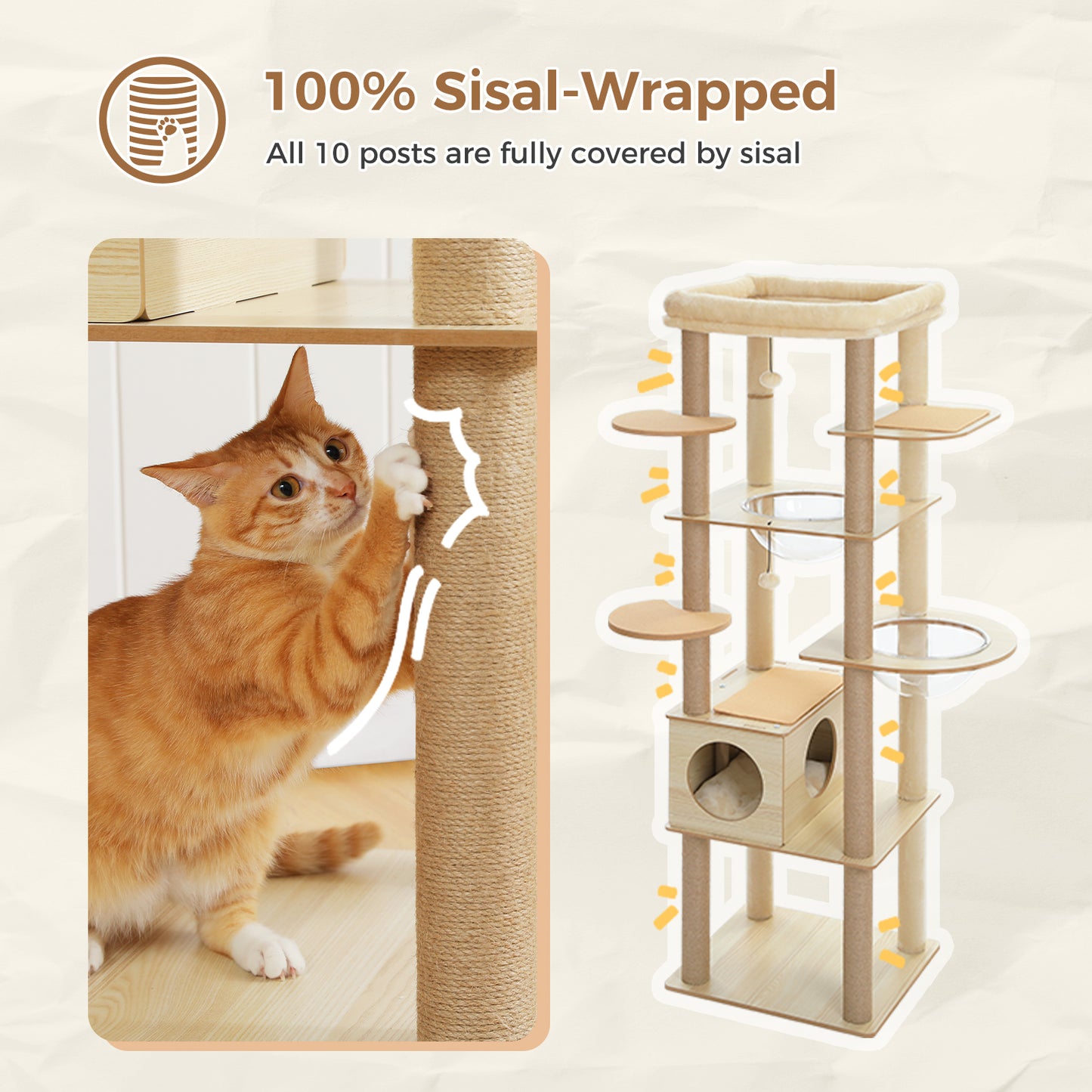 Modern 180cm Multi-Level Wooden Cat Tree with Acrylic Lounges & Extra-Large Top Cushion