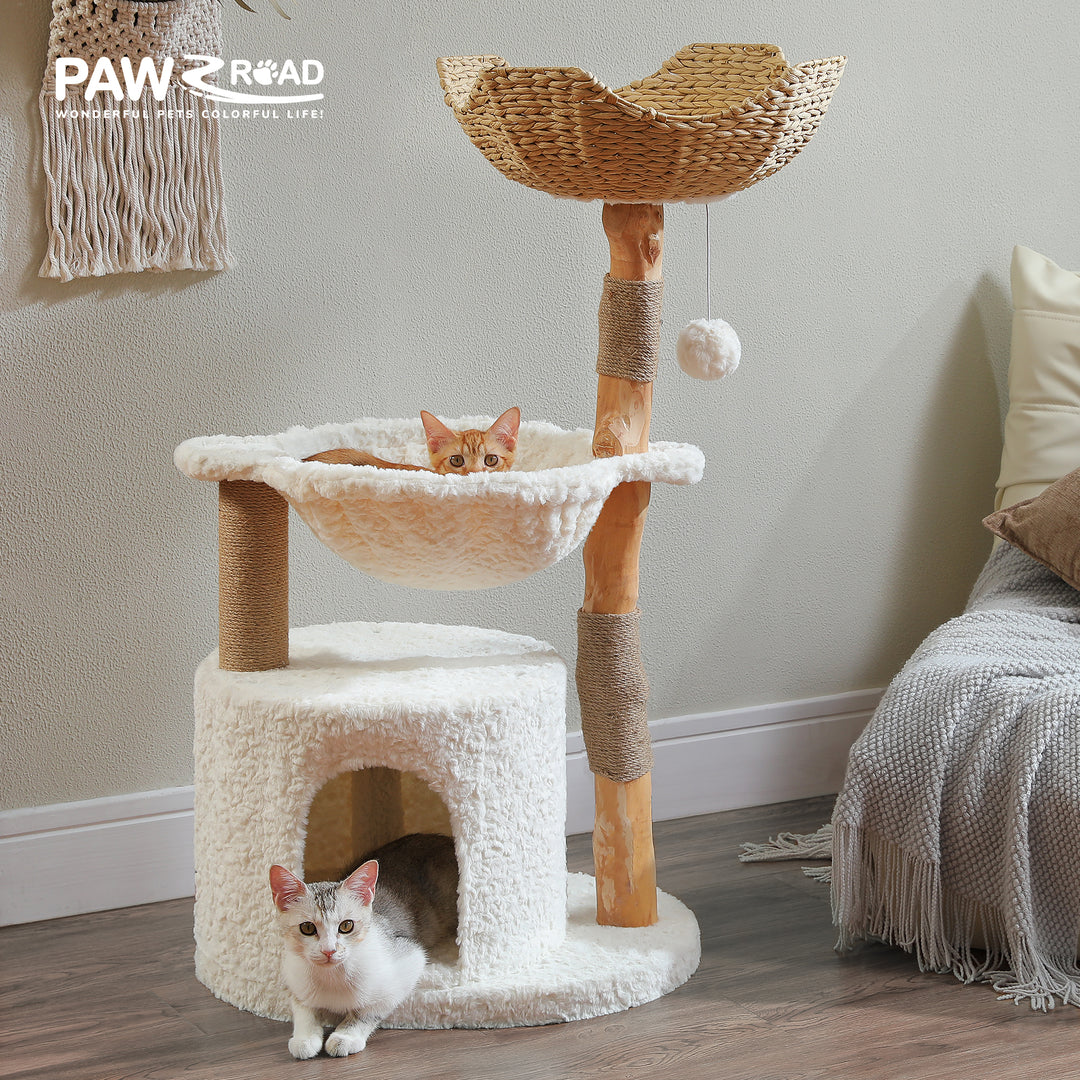 PAWZ Road Modern Cat Tree Natural Branch Cat Tower Luxury Furniture with Scratching Posts, White
