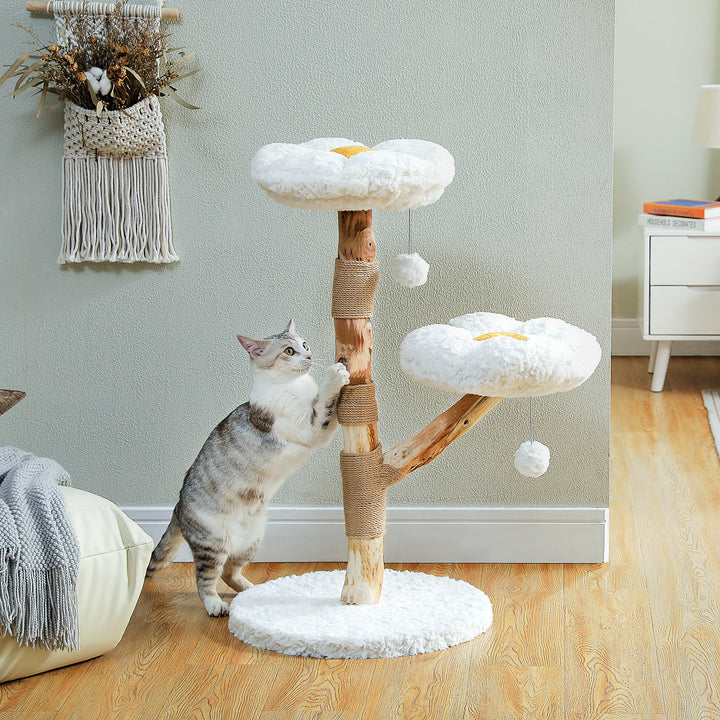 PAWZ Road 36-Inch Modern Luxury Wood Cat Tree, Natural Wood, Flower Design for Indoor Cats, White