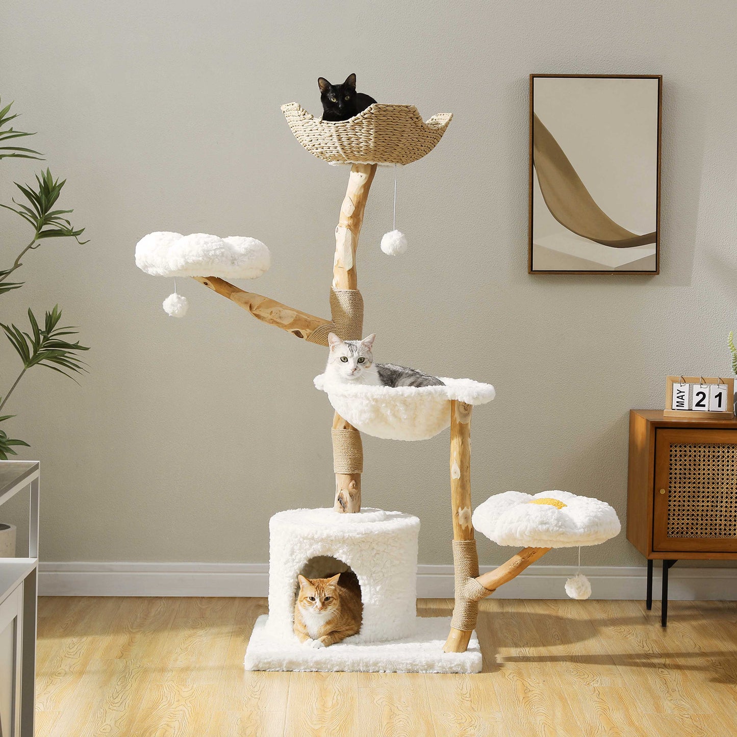 Luxury Solid Wood Cat Tree – 150cm Multi-Level Tower with Rattan Bed & Plush Hammocks