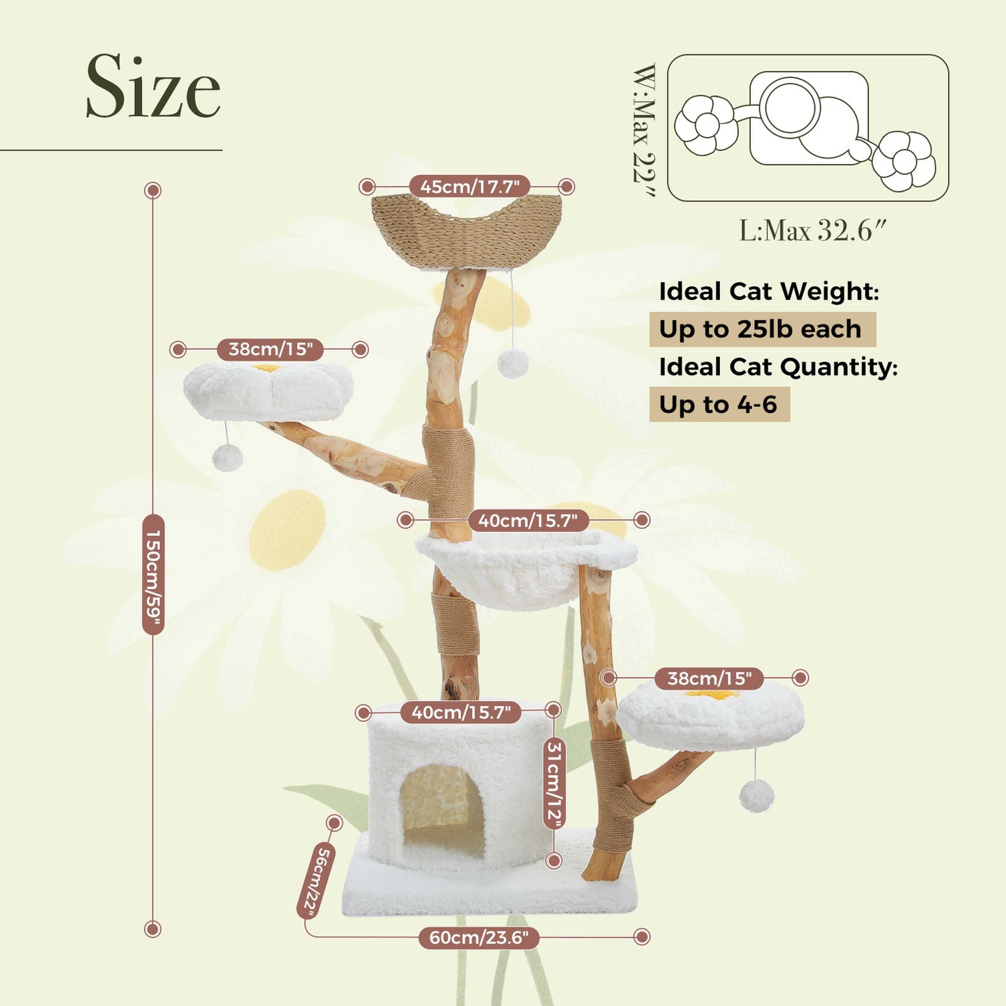Luxury Solid Wood Cat Tree – 150cm Multi-Level Tower with Rattan Bed & Plush Hammocks