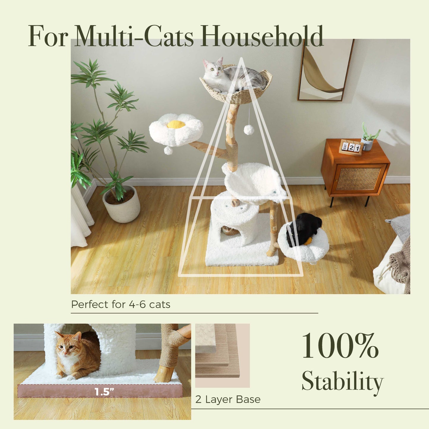 Luxury Solid Wood Cat Tree – 150cm Multi-Level Tower with Rattan Bed & Plush Hammocks