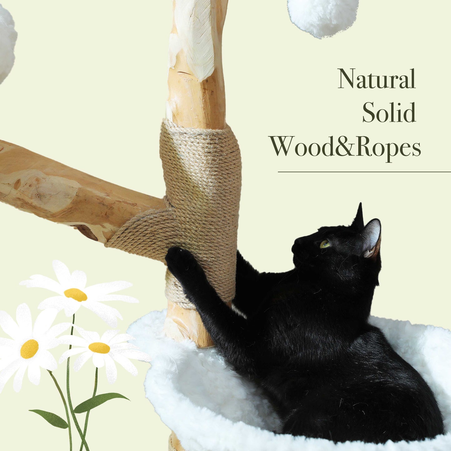 Luxury Solid Wood Cat Tree – 150cm Multi-Level Tower with Rattan Bed & Plush Hammocks