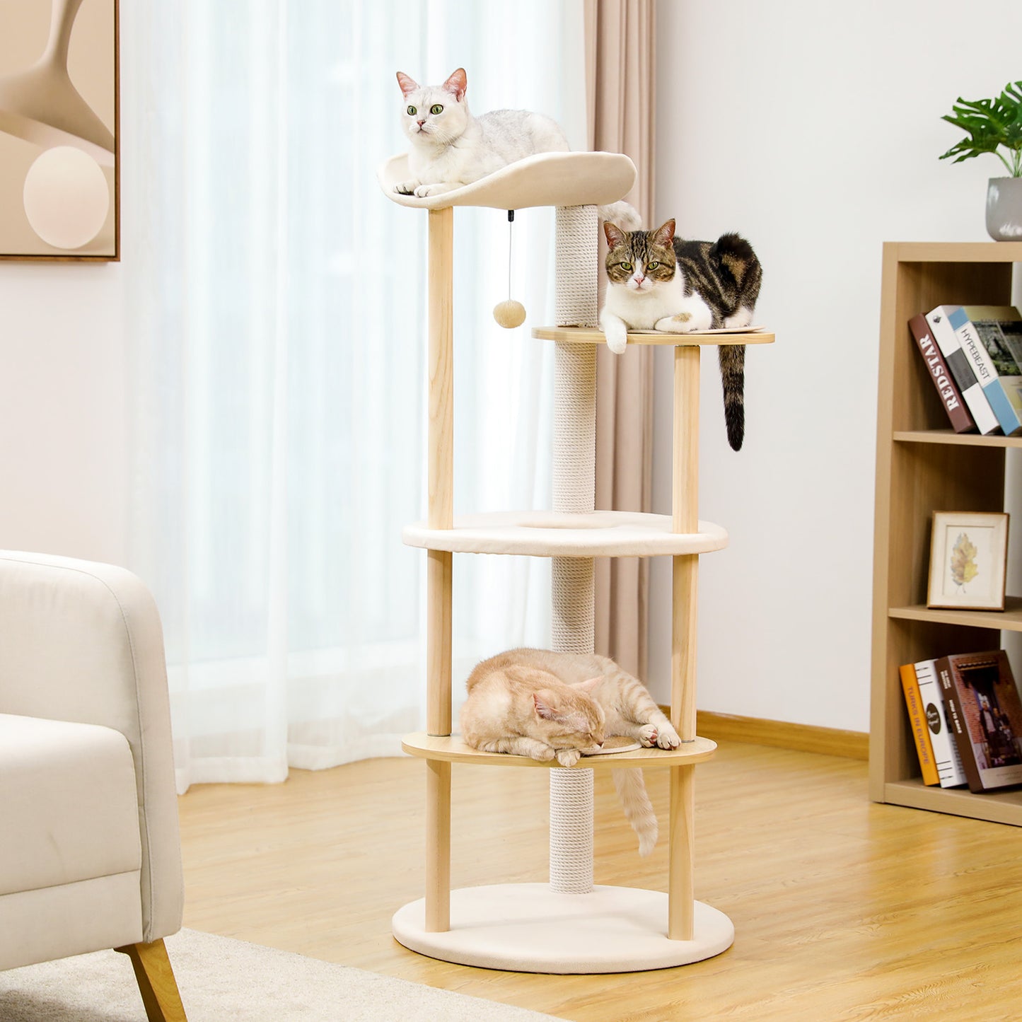 Modern Multi-Level Wooden Cat Tree Tower – 124cm Tall with Curved Perch & Sisal Scratching Post | PawzRoad Canada