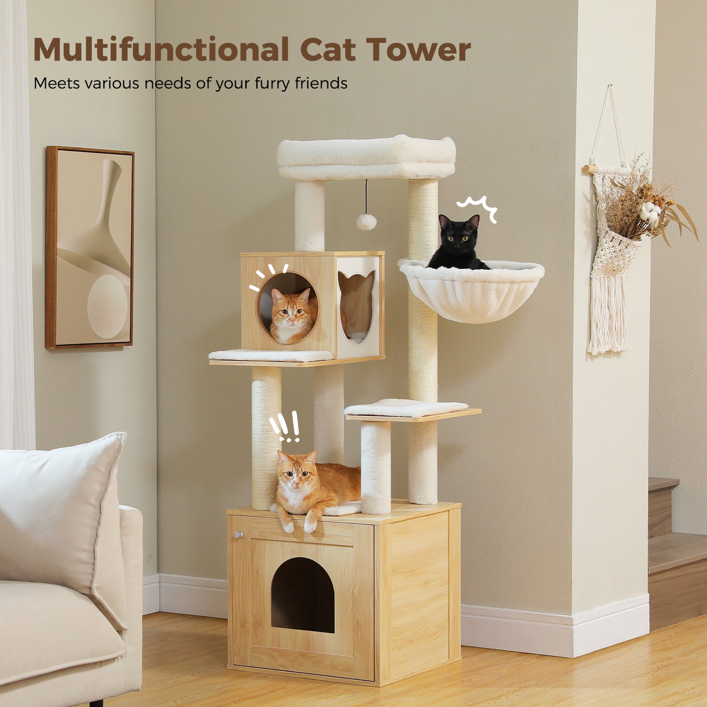 PawzRoad Modern Wooden Cat Tower with Hammock & Dual Condos – 146cm Multi-Level Tree for Large & Multi-Cat Homes