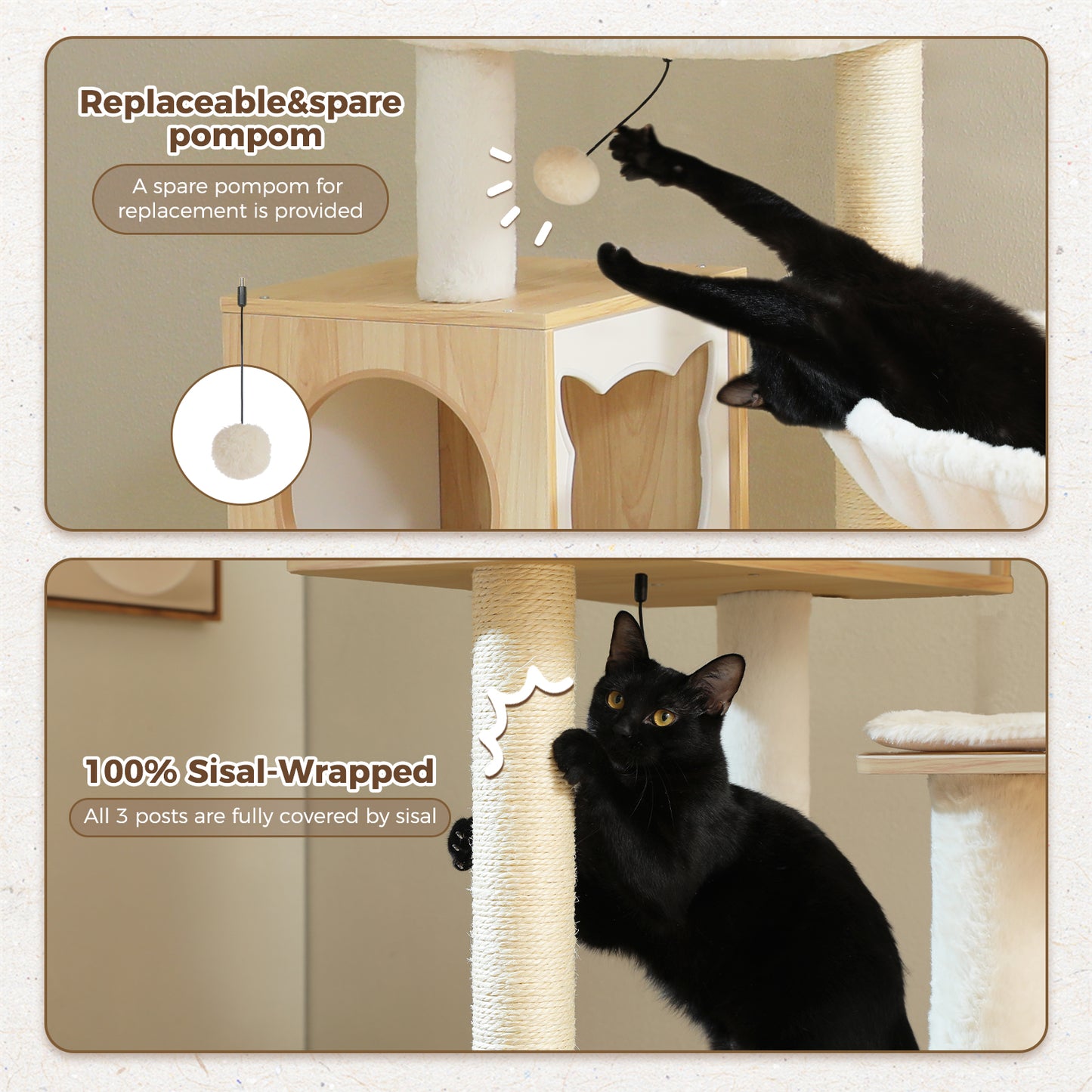 PawzRoad Modern Wooden Cat Tower with Hammock & Dual Condos – 146cm Multi-Level Tree for Large & Multi-Cat Homes