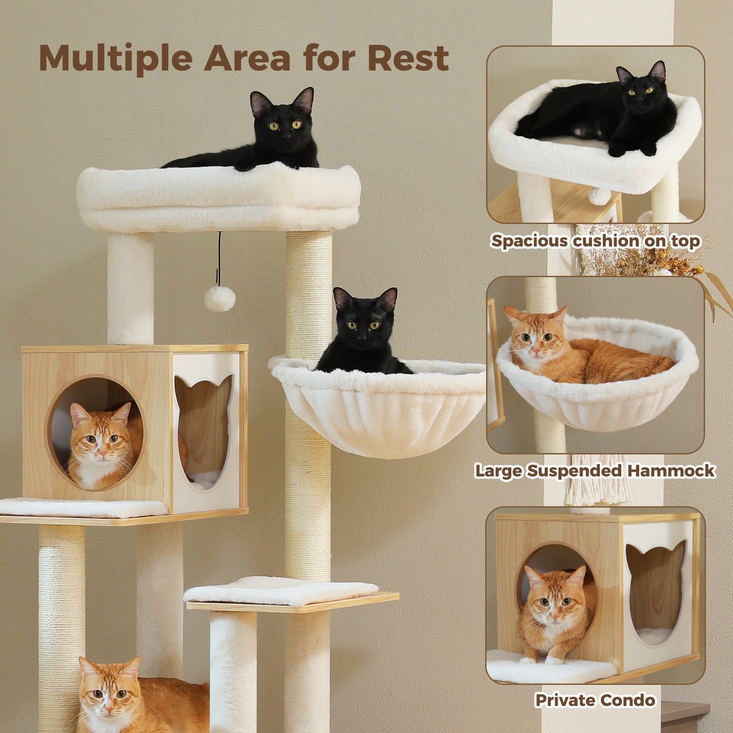 PawzRoad Modern Wooden Cat Tower with Hammock & Dual Condos – 146cm Multi-Level Tree for Large & Multi-Cat Homes