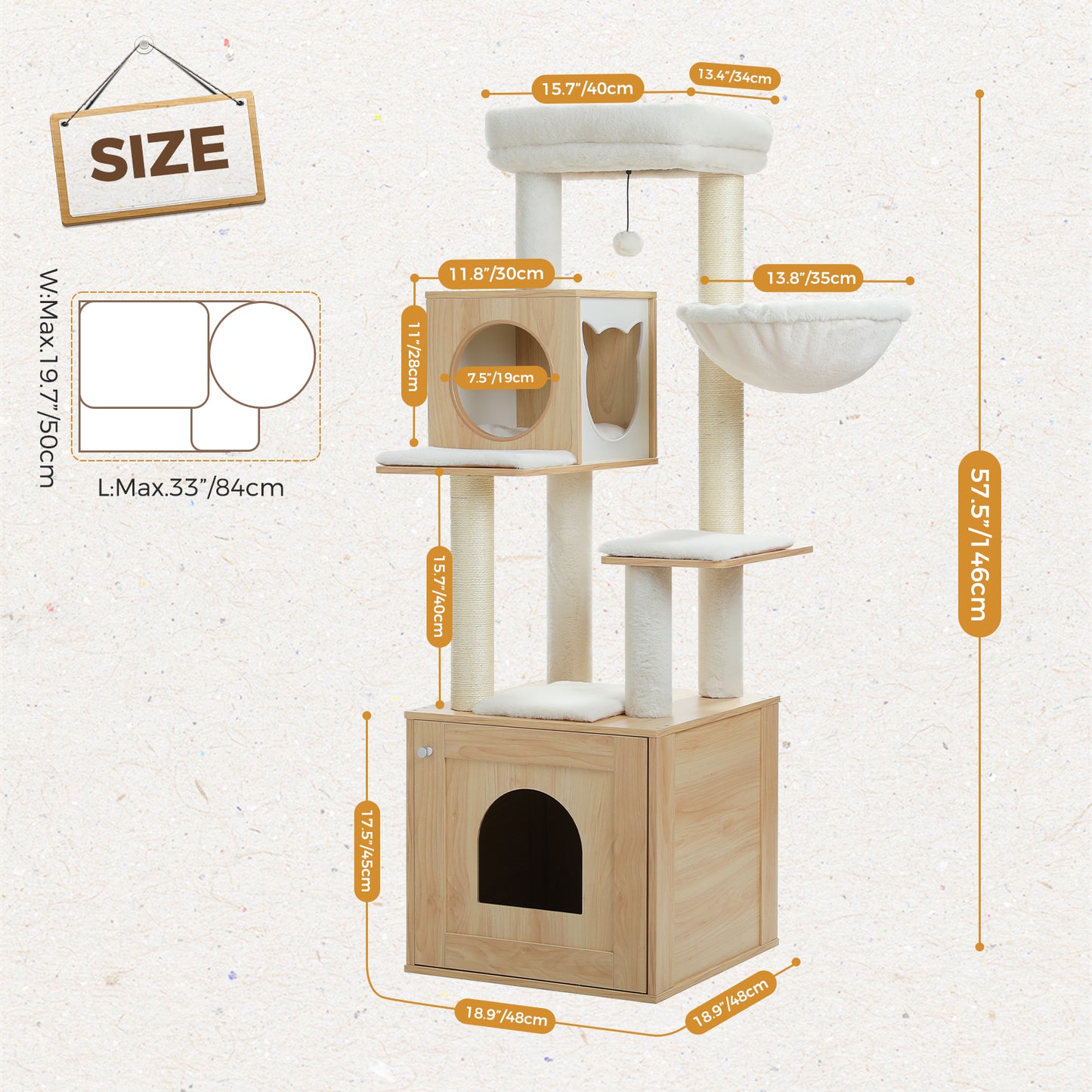 PawzRoad Modern Wooden Cat Tower with Hammock & Dual Condos – 146cm Multi-Level Tree for Large & Multi-Cat Homes