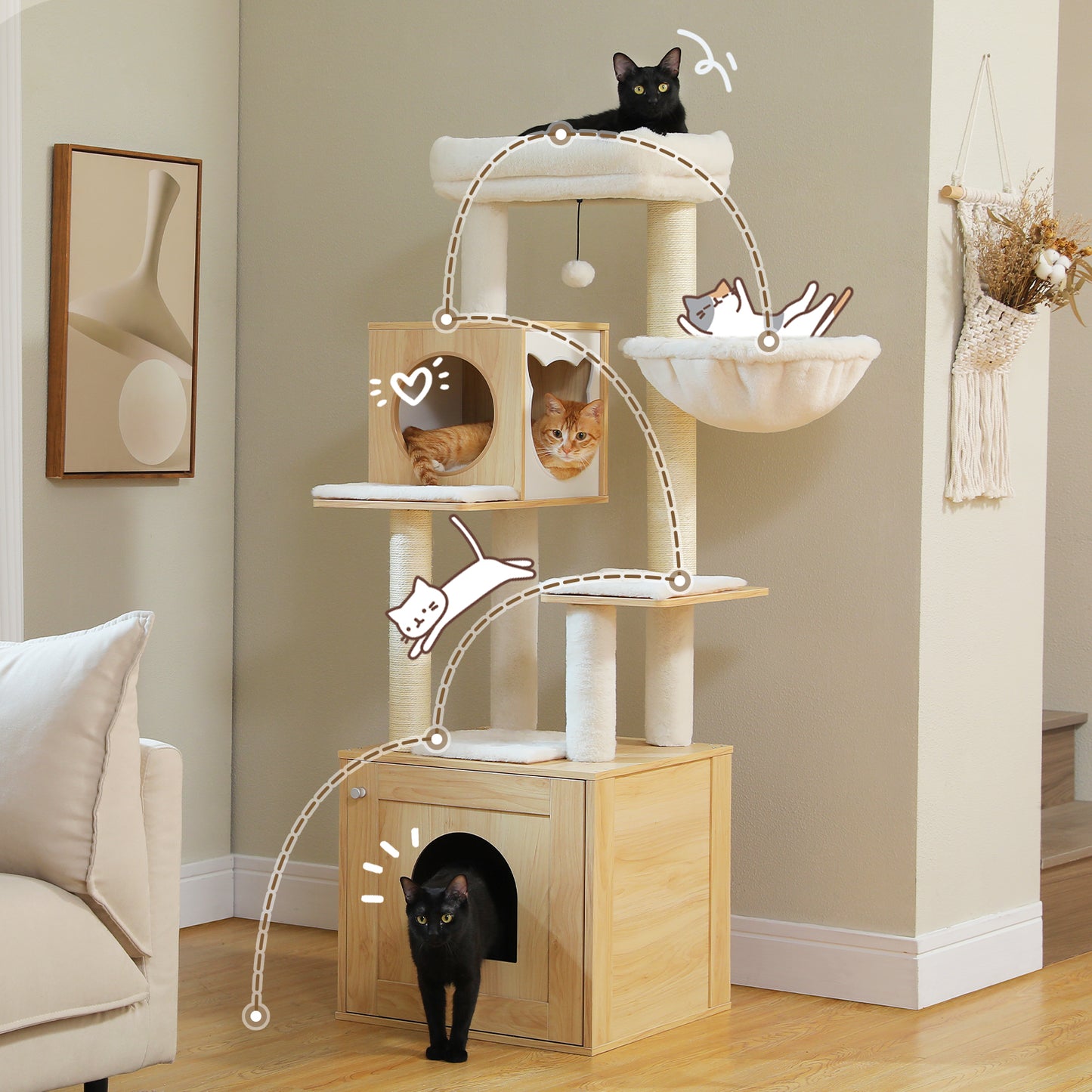 PawzRoad Modern Wooden Cat Tower with Hammock & Dual Condos – 146cm Multi-Level Tree for Large & Multi-Cat Homes
