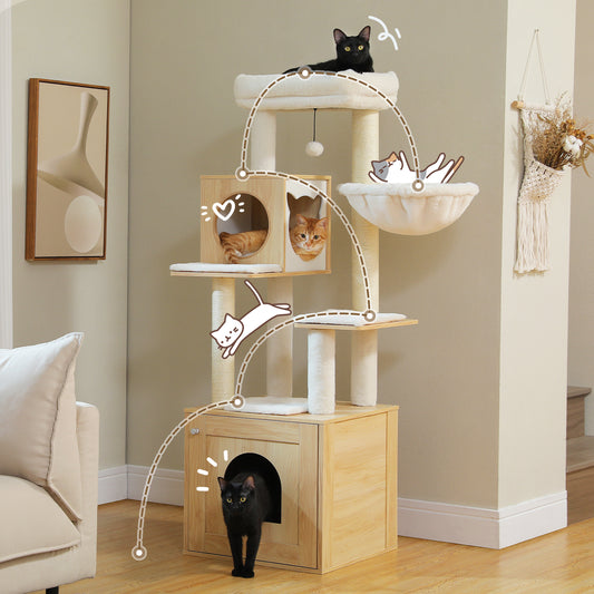 PawzRoad Modern Wooden Cat Tower with Hammock & Dual Condos – 146cm Multi-Level Tree for Large & Multi-Cat Homes