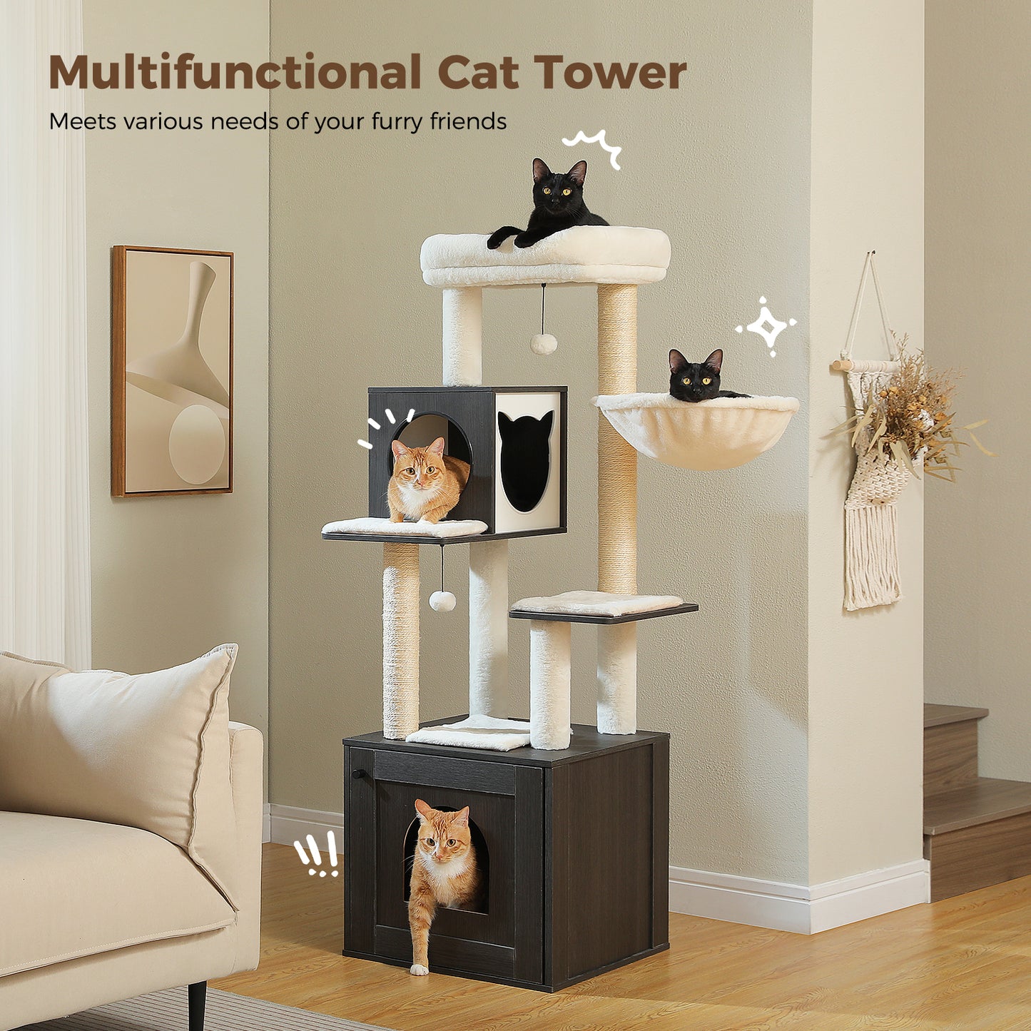 PawzRoad Modern Black Cat Tower with Condo & Hammock – Multi-Level Sisal Scratching Tree
