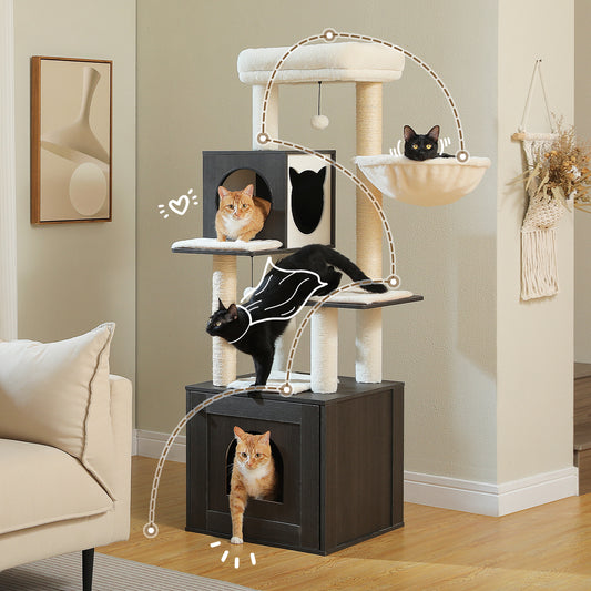 PawzRoad Modern Black Cat Tower with Condo & Hammock – Multi-Level Sisal Scratching Tree