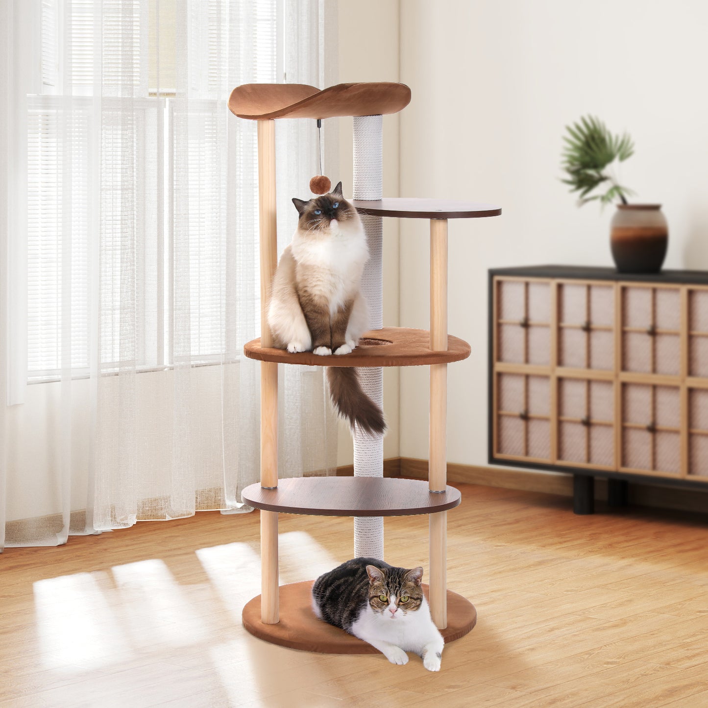 Modern Wooden Multi-Level Cat Tree with Curved Perch & Cotton Rope Scratcher