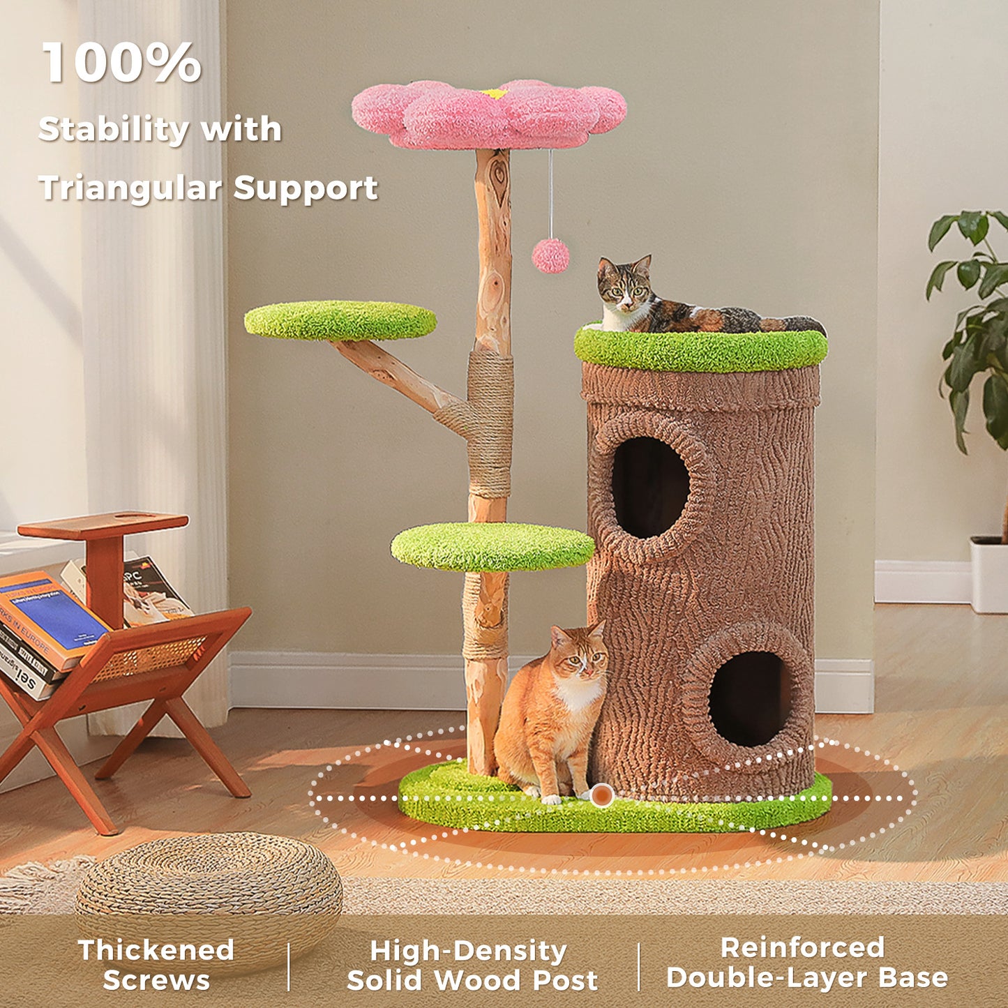 53.5 in (136 cm) Flower Cat Tree with Cat Condo, Solid Wood Scratching Posts & Washable Top Perch — for Cats up to 6.8 kg (15 lb)