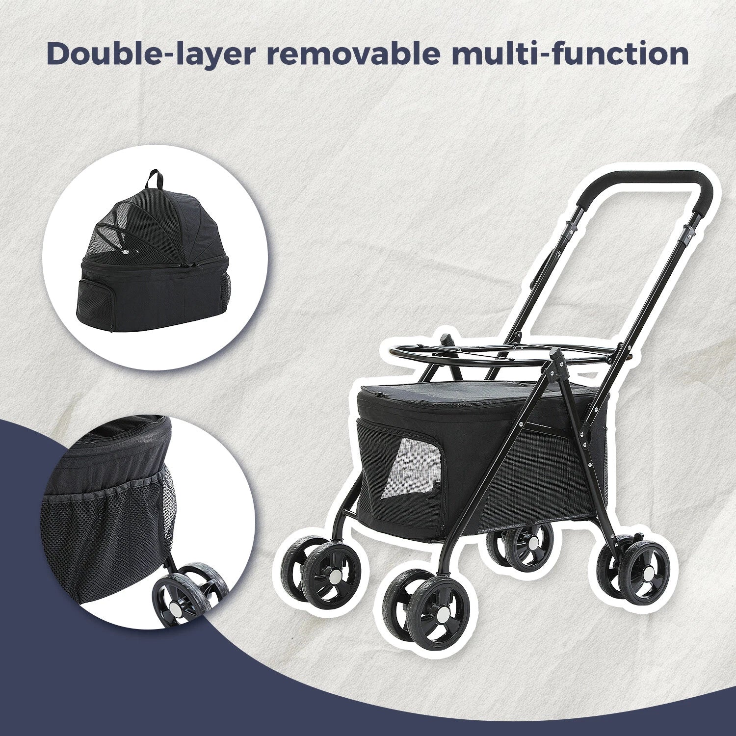 Black pet stroller with detachable backpack and wheels on a gray background