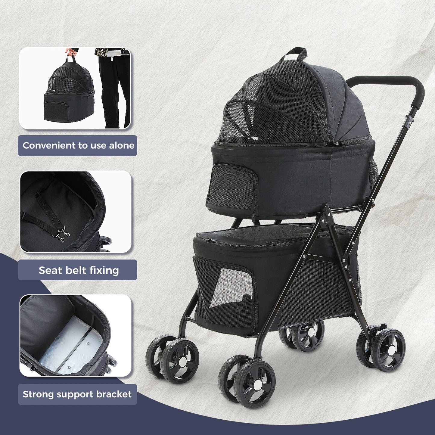 Black pet stroller with features highlighted on a light gray background