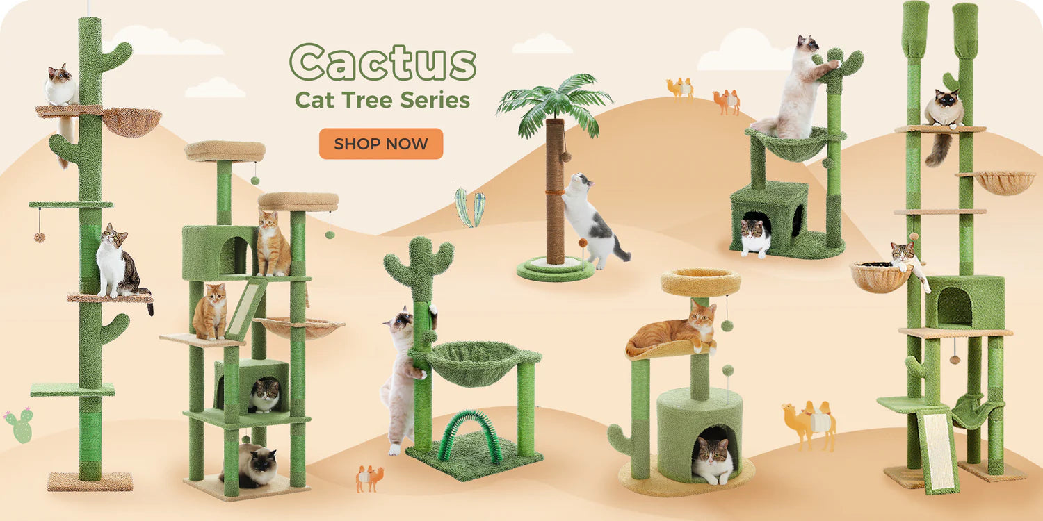 Cactus-themed cat tree series with cats on a beige background