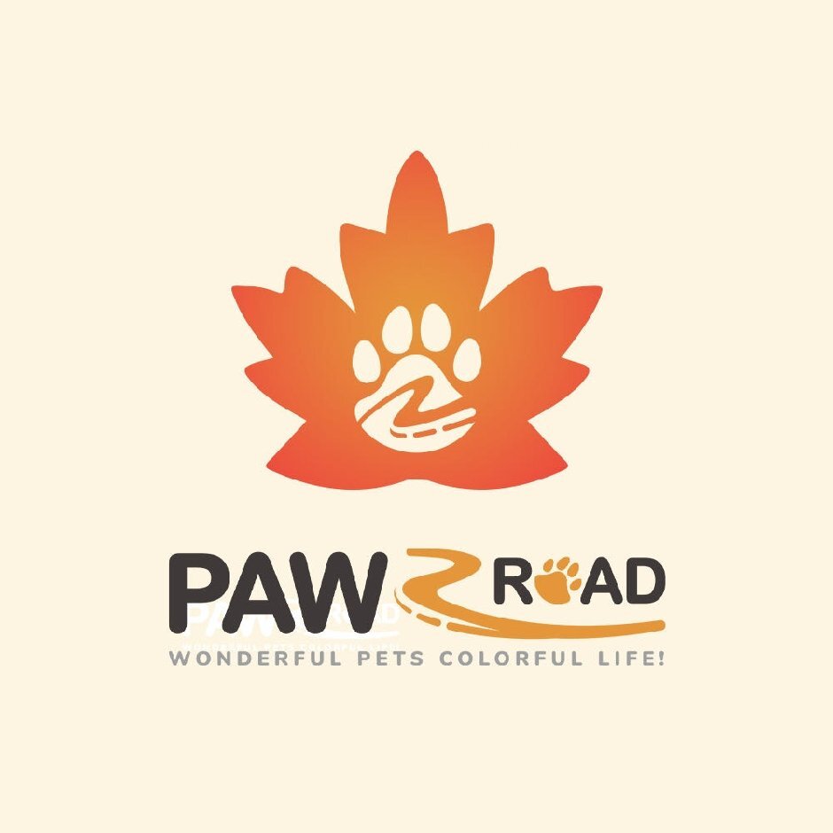 Logo with a leaf and paw print design on a beige background, featuring the brand 'PAW ROAD'.