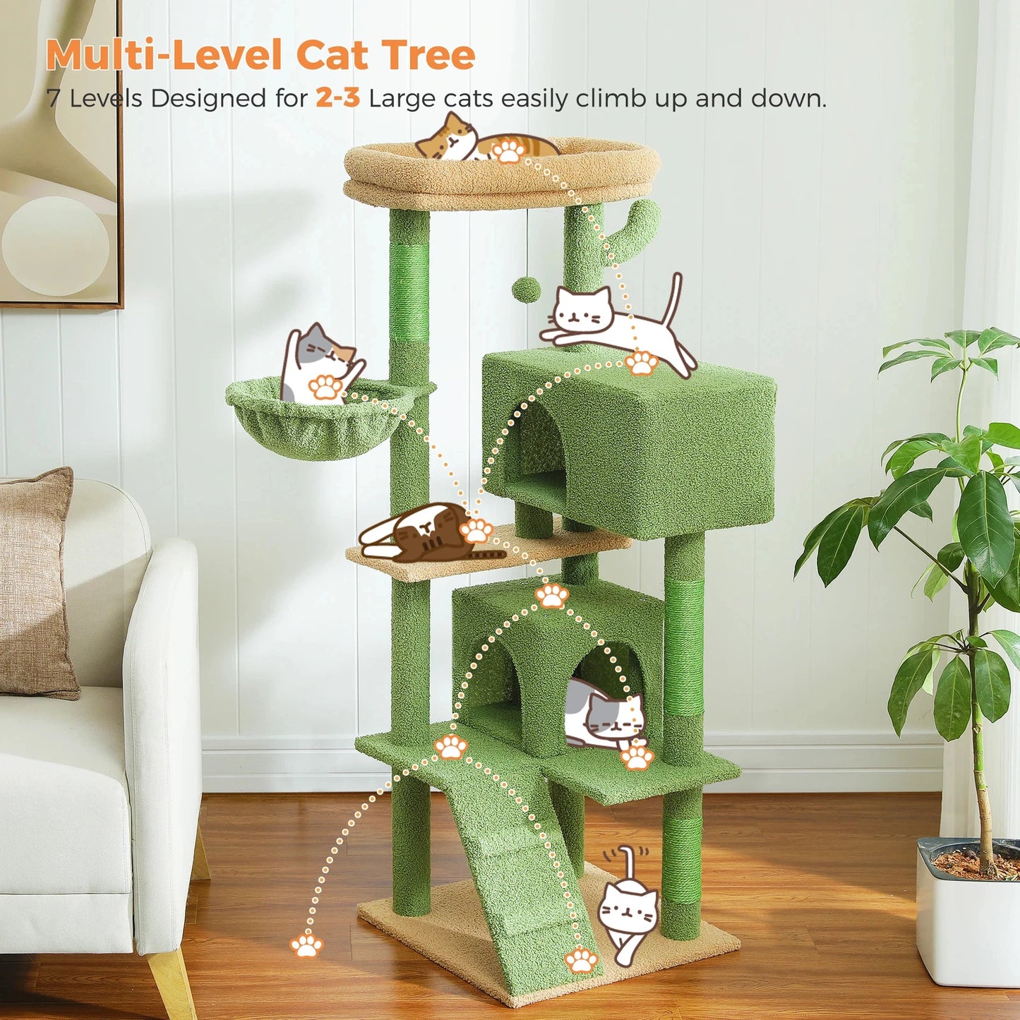 Green multi-level cat tree with various perches and a hammock in a living room setting.