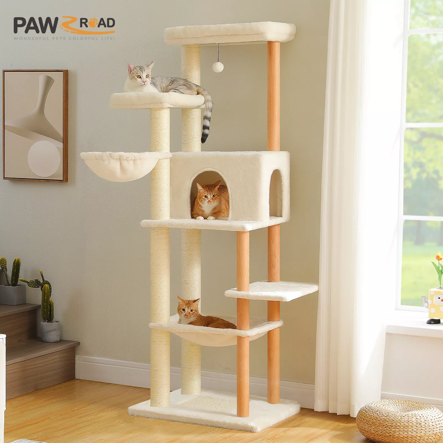 Cat tree with multiple levels and cats on a sunny day