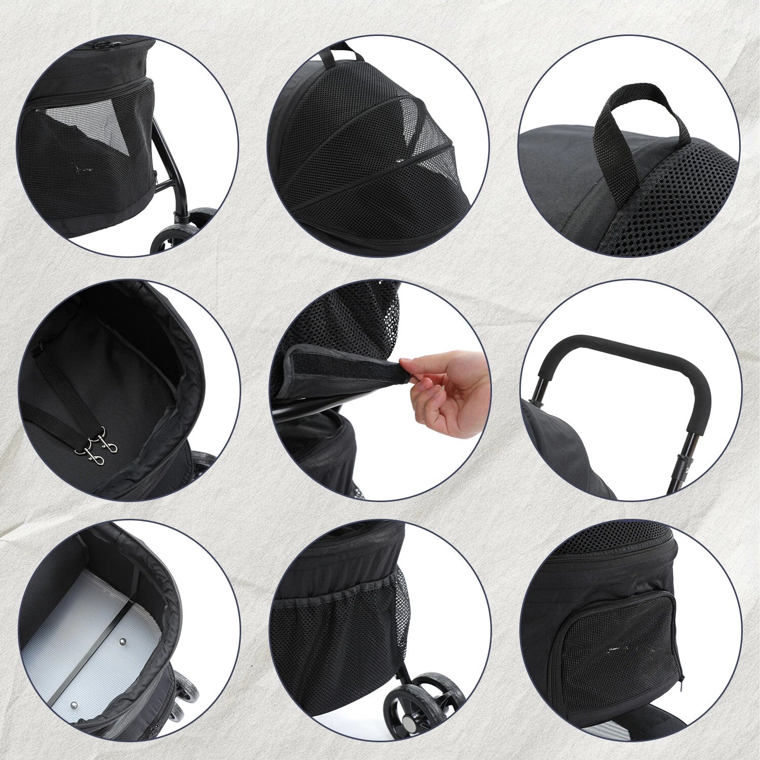 Collage of a black stroller with various parts highlighted on a textured gray background.