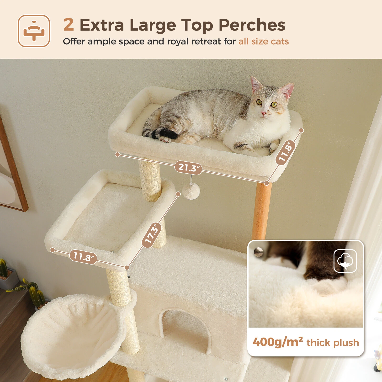 Cat tree with two extra large top perches and a cat sitting on it, with text highlighting features.