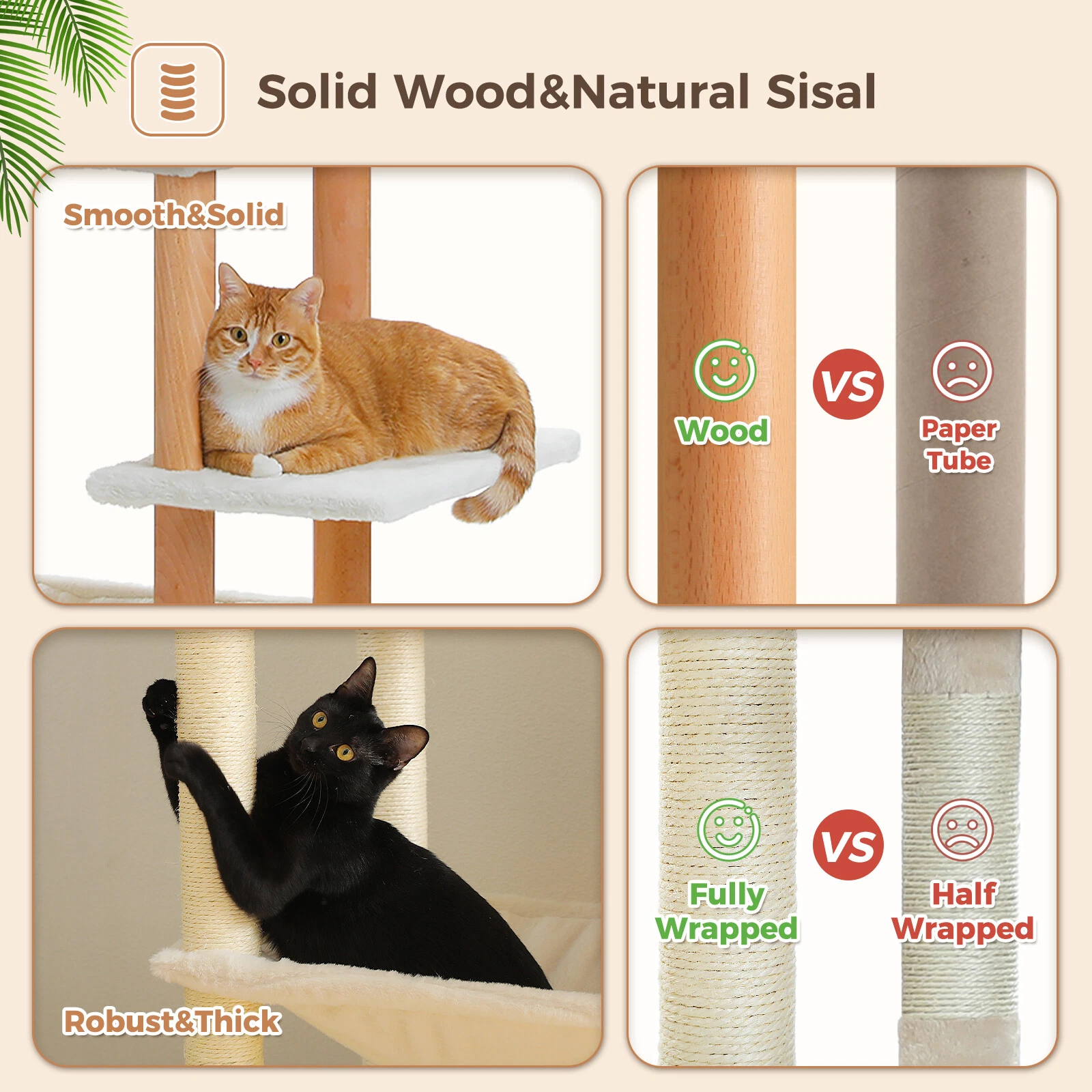 Cat tree with smooth solid wood and natural sisal, featuring two cats on the tree.