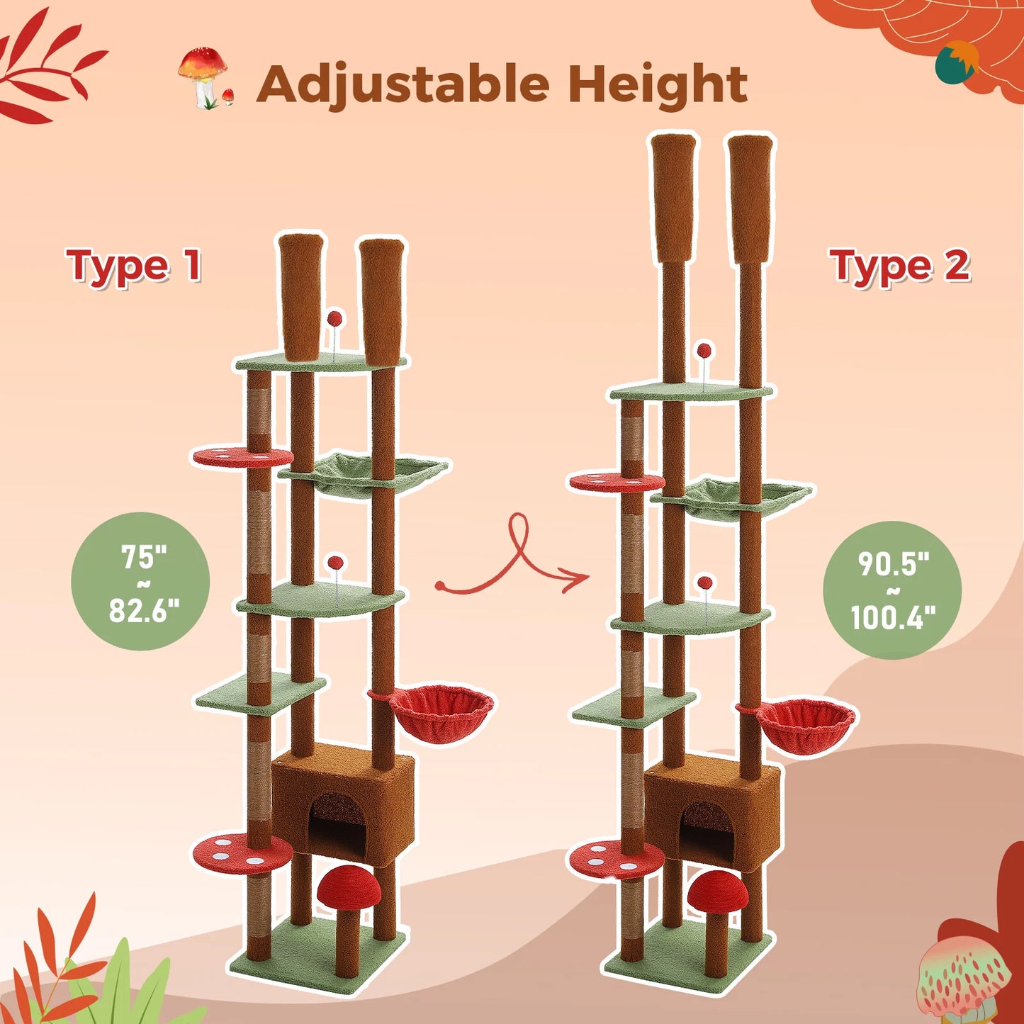 PAWZ Road Mushroom Cat Tree, Adjustable Floor-to-Ceiling Cat Tower (90.5"-100.4") with Cat Condo, Cozy Hammock, and Scratching Post, Tall Activity Tree for Indoor Cats, Brown