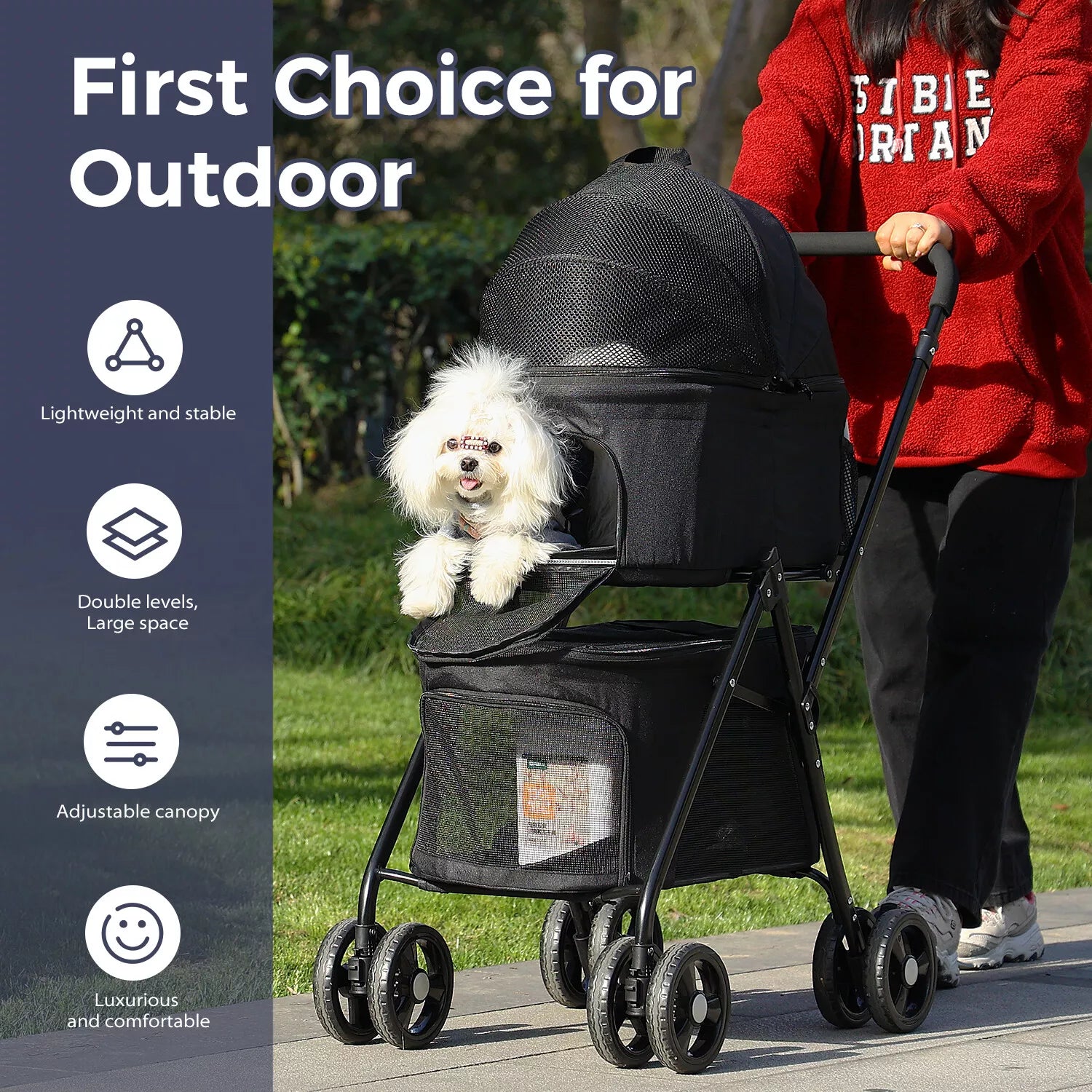 Pet stroller with a dog inside, being pushed by a person in a red sweater, with features listed on the left.