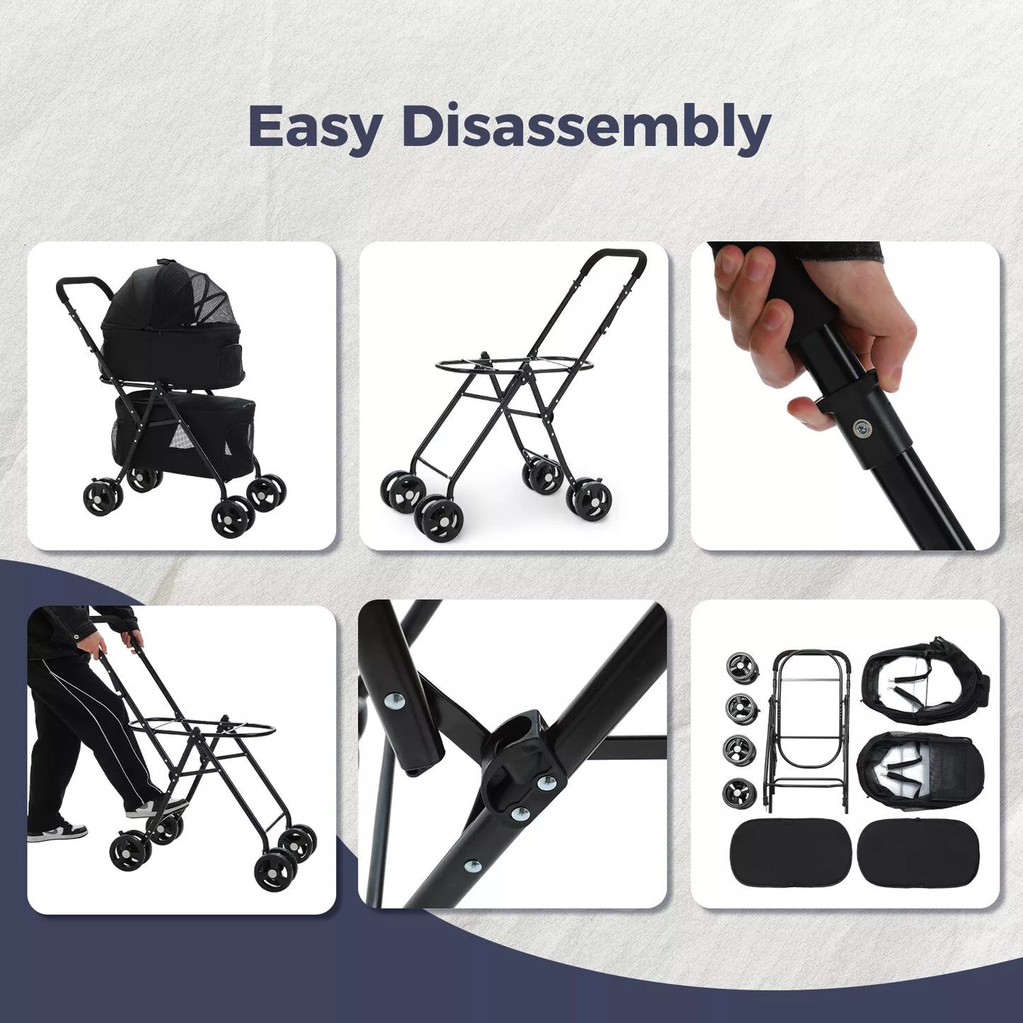 Collage of a black stroller with text 'Easy Disassembly' on a white background.
